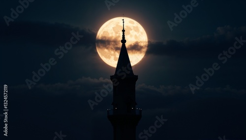 Obraz na płótnie Full moon behind a silhouette of a minaret against dark night sky w salonie