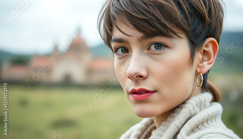 A Young Woman With A Pixie Haircut, Gazing Intently, Stands Before A Blurred Rustic Church, Showcasing Quiet Confidence And Serene Beauty In Soft Natural Light