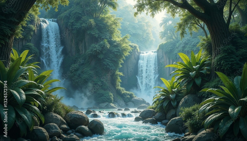 Breathtaking waterfall in tropical rainforest surrounded by lush greenery