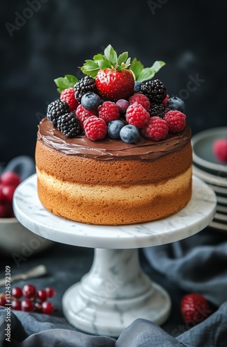 Chocolate Cake Topped With Fresh Berries on a Marble Cake Stand in a Cozy Kit...