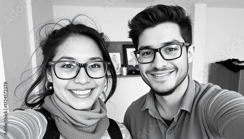 Two Smiling Friends, A Woman And A Man, Share A Candid Moment, Their Glasses Reflecting A Quiet Confidence And Easy Camaraderie In A Black And White Photograph