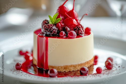 Creamy Dessert Topped With Cherries and Berries Served on a White Plate