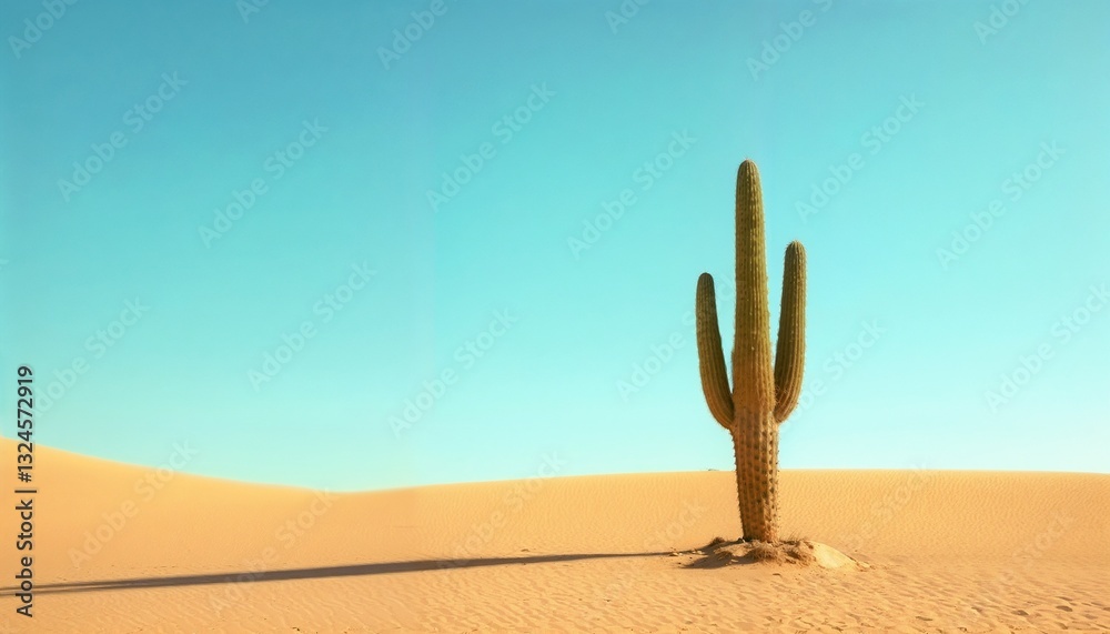 Lonely cactus in desert landscape with clear blue sky