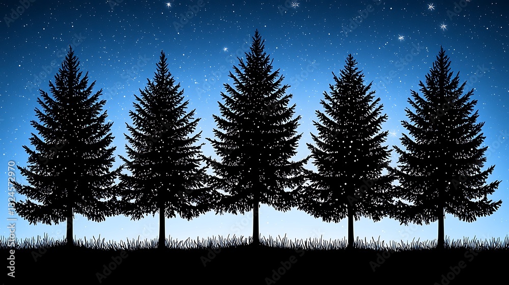 Obraz premium Evergreen silhouettes under starry sky. Ideal for holiday greeting cards or nature-themed design