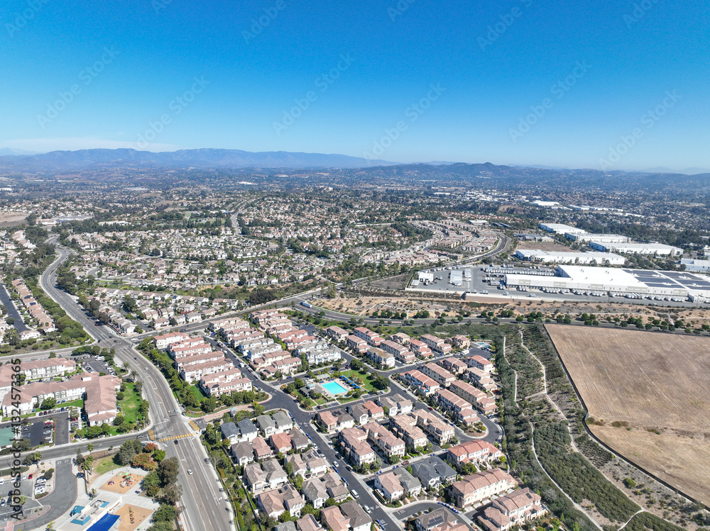 Aerial view of middle class community identical condominium apartment, Oceanside, South California, USA.