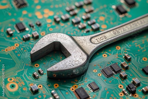 High Detail Close-Up of a Metallic Wrench on a Green Circuit Board With Elect...