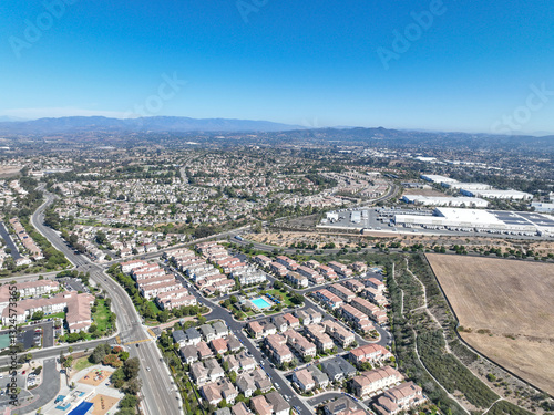 Obraz na płótnie Aerial view of middle class community identical condominium apartment, Oceanside, South California, USA. w salonie