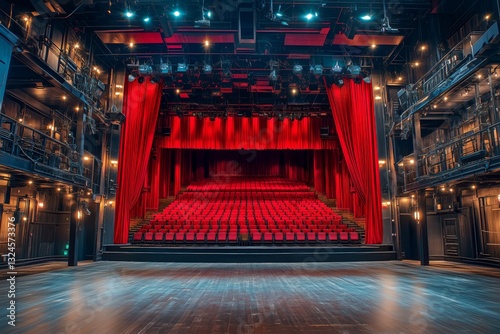 Bright Red Curtains Frame a Modern Theater Stage Ready for a Performance