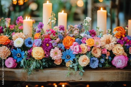 Colorful Floral Arrangement With Candles on Wooden Table During Evening Gathe...