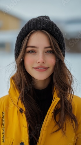 Smiling Young Woman in a Yellow Jacket and Black Beanie Enjoys Winter Weather...