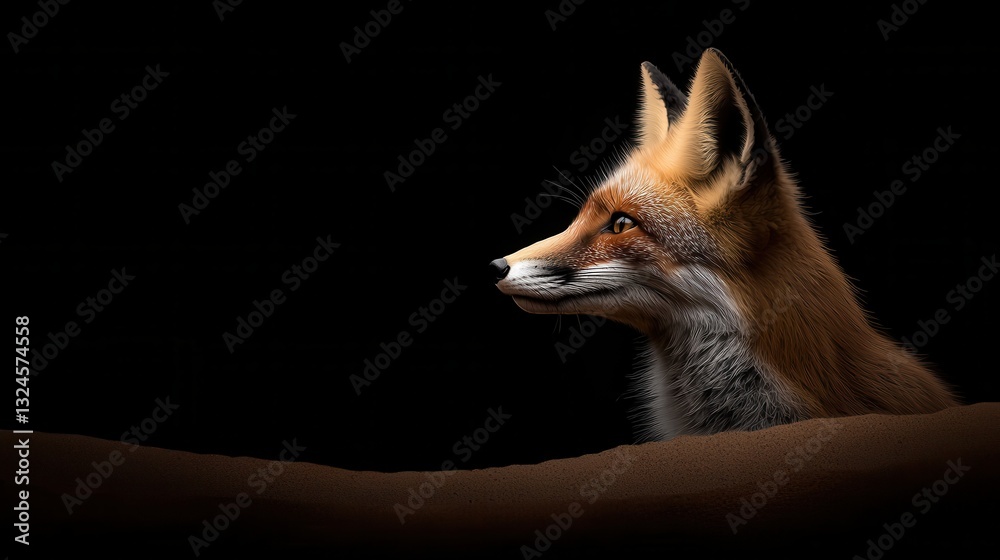 Fototapeta premium Dramatic Portrait of a Red Fox with Intense Gaze Against Black Backdrop