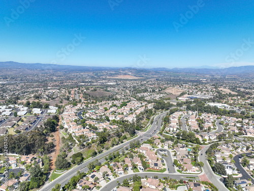 Aerial view of middle class community identical condominium apartment, Oceanside, South California, USA.