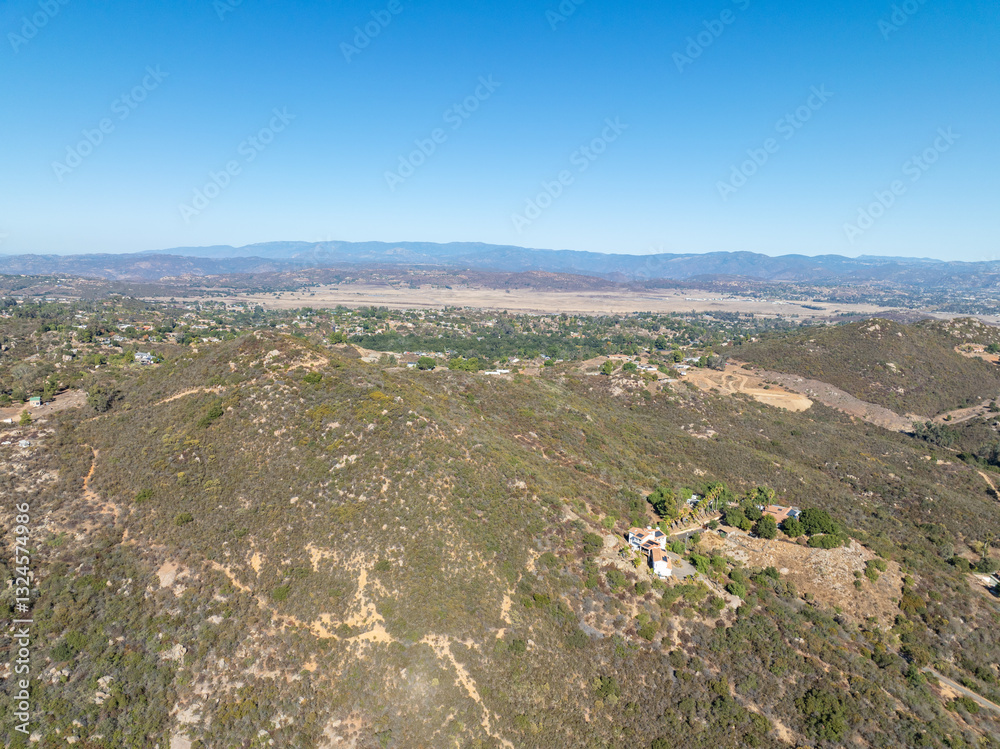 Aerial view of Campsites in the valley of Dos Picos County Park in Ramona, South California, USA