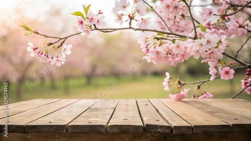 Delicate Cherry Blossoms Gracefully Overhanging A Rustic Wooden Table In A Sun-drenched Spring Meadow, Creating A Tranquil And Serene Atmosphere