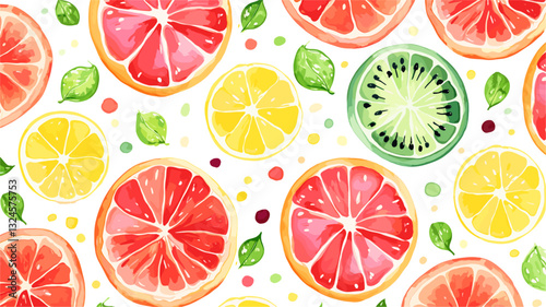 Fruit Textile Design. Repeating Pattern with Citrus Slices and Leaves in Watercolor Style