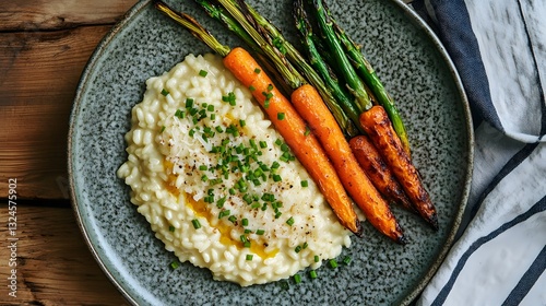 Delicious creamy risotto topped with fresh herbs and accompanied by roasted colorful vegetables meal