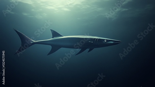 A sleek, streamlined barracuda swimming in open ocean water. 