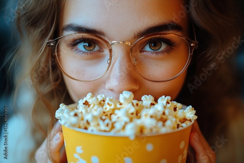 Young Woman Enjoys Popcorn in a Cozy Indoor Setting While Wearing Stylish Gla...