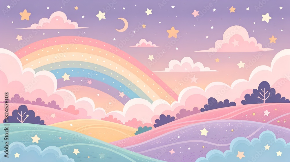 A Dreamy Pastel Landscape At Twilight, Showcasing A Vibrant Rainbow Arching Over Fluffy Clouds, Twinkling Stars, And Gentle Rolling Hills, Painted In Soft, Whimsical Colors A Dreamy Pastel Landscape At Twilight, Showcasing A Vibrant Rainbow Arching Over Fluffy Clouds, Twinkling Stars, And Gentle Rolling Hills, Painted In Soft, Whimsical Colors