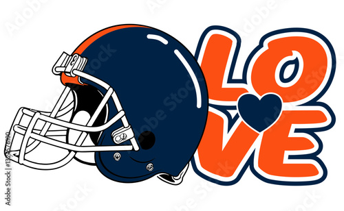 love - orange and navy blue football player helmet, sport vector graphics, hockey, for street art - graffiti lettering typography - art illustration - multicolor - writen	