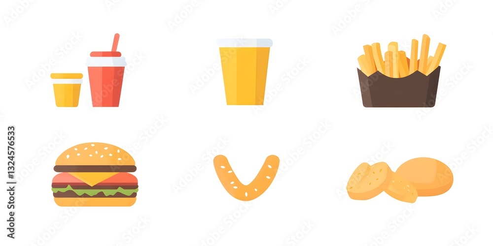 Feast Icons: A collection of delicious fast food icons, including burgers, fries, and soda, designed in a modern, flat style