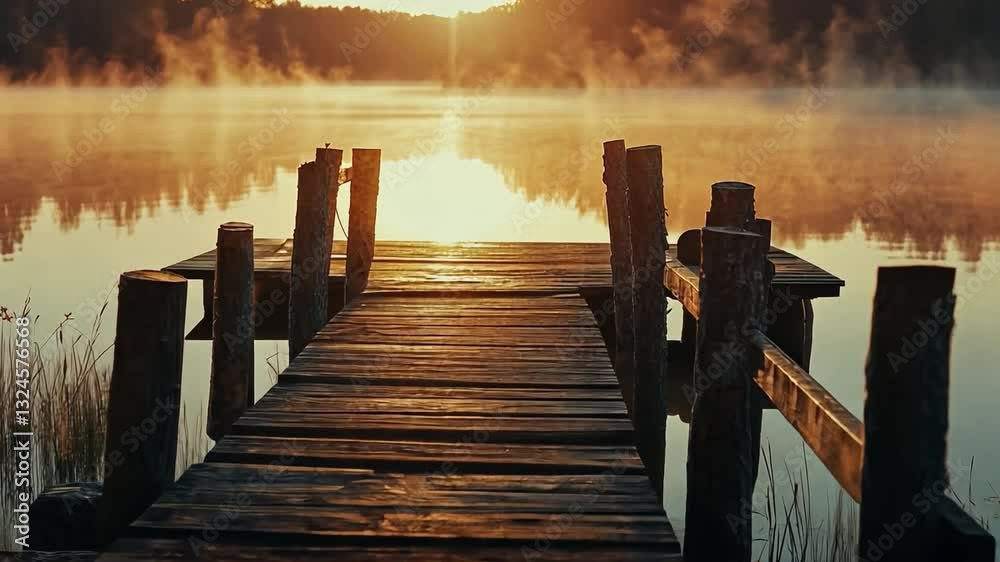 Serene Sunrise over Wooden Pier: An aged wooden pier extends into a tranquil lake at dawn, with the sun's golden rays illuminating the misty horizon, casting a warm.