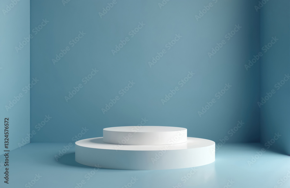 Two round white platforms stacked on light blue background. Product stage display, minimal composition with empty space for design. Pedestal scene for cosmetic presentation. Cylinder geometric shapes Two round white platforms stacked on light blue background. Product stage display, minimal composition with empty space for design. Pedestal scene for cosmetic presentation. Cylinder geometric shapes