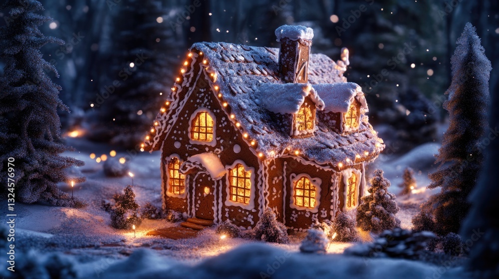 Fototapeta premium Gingerbread House Lit Up Snow