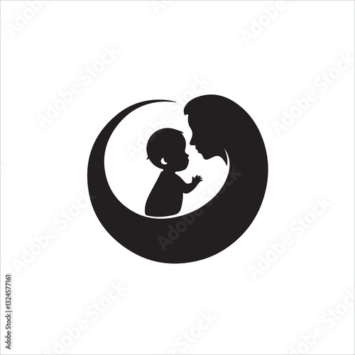 Elegant black and white vector silhouette logo. A mother and child are depicted in geometric shapes and clean lines, creating a balanced, symmetrical design on a white background.