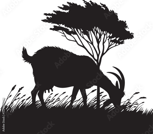 silhouette design of a goat grazing in field vector art illustration