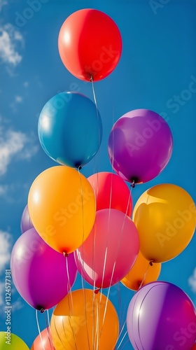 Colorful Balloons Floating Against a Clear Blue Sky in Bright Sunlight