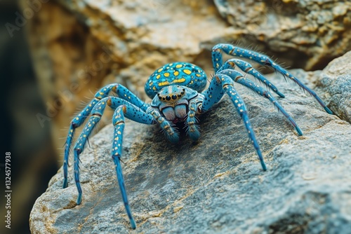 Vibrant Blue Spider Perched on a Rocky Surface in a Natural Habitat During Da...