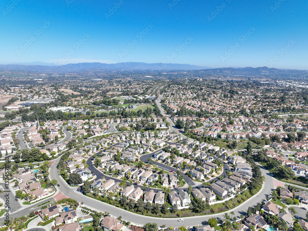Aerial view of middle class community identical condominium apartment, Oceanside, South California, USA.