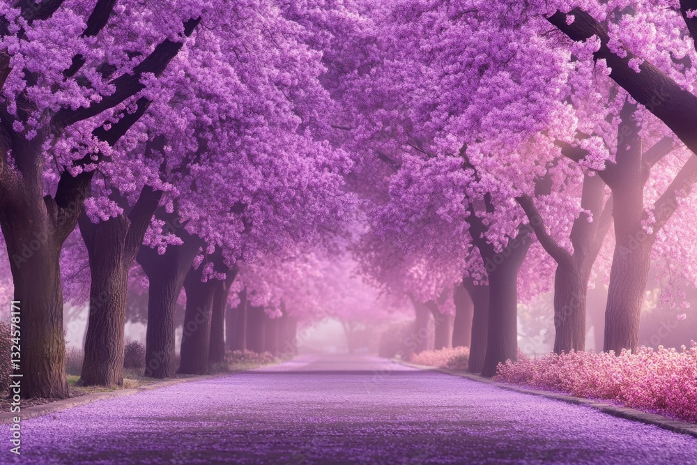 Fototapeta premium This photo captures a street with a row of trees adorned with vibrant purple flowers creating a picturesque scene Pathway adorned with jacaranda trees in bloom within a park .