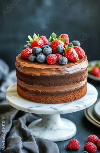 Chocolate Cake Topped With Fresh Berries on a Marble Cake Stand in a Cozy Kit...