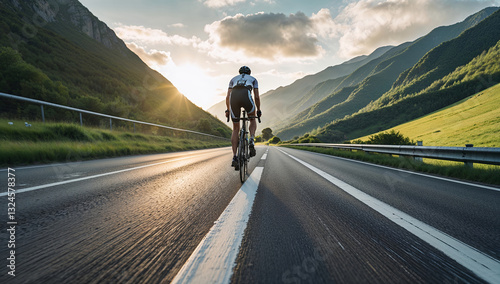 Cyclist riding bicycle on scenic mountain road at sunset, professional athlete training outdoors in beautiful natural landscape