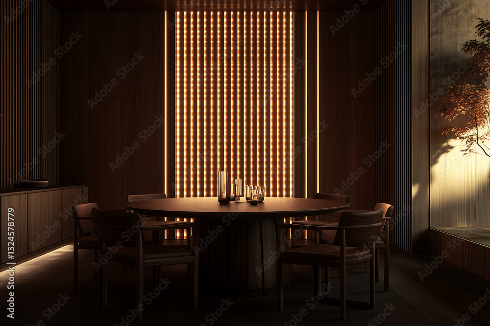 Fototapeta premium fine dining restaurant featuring soft ambient lighting, wooden decor, and an elegant seating arrangement, creating a romantic and inviting atmosphere.