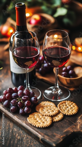 Elegant Wine and Cheese Pairing With Fresh Grapes and Crackers by a Cozy Fire...