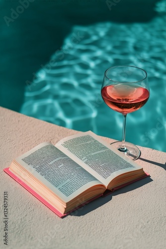 Enjoying a Glass of Wine and Reading by a Sparkling Blue Pool on a Sunny Day