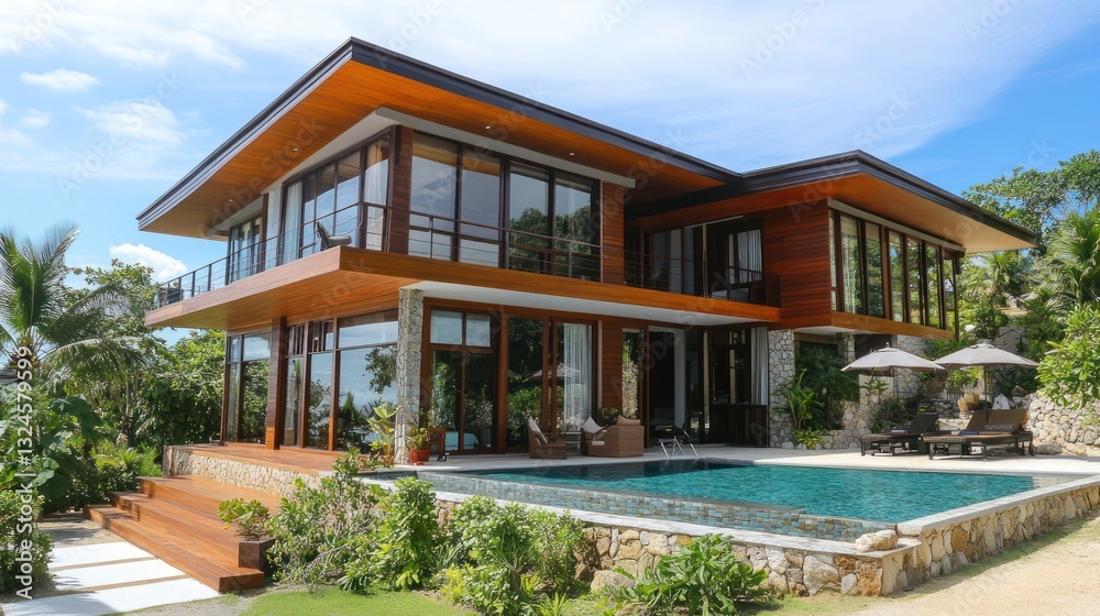 Architectural marvel, Modern tropical villa with a serene swimming pool Architectural marvel, Modern tropical villa with a serene swimming pool