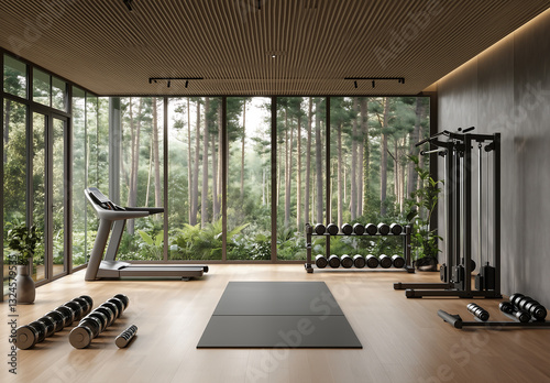 private gym with modern exercise equipment, wooden flooring, and floor-to-ceiling windows offering a breathtaking view of lush greenery, creating a peaceful fitness space.
