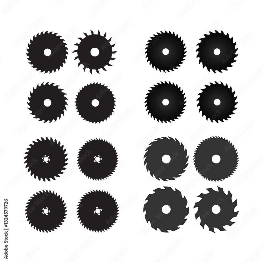 Circular saw blades, black and white illustration, industrial tools Circular saw blades, black and white illustration, industrial tools