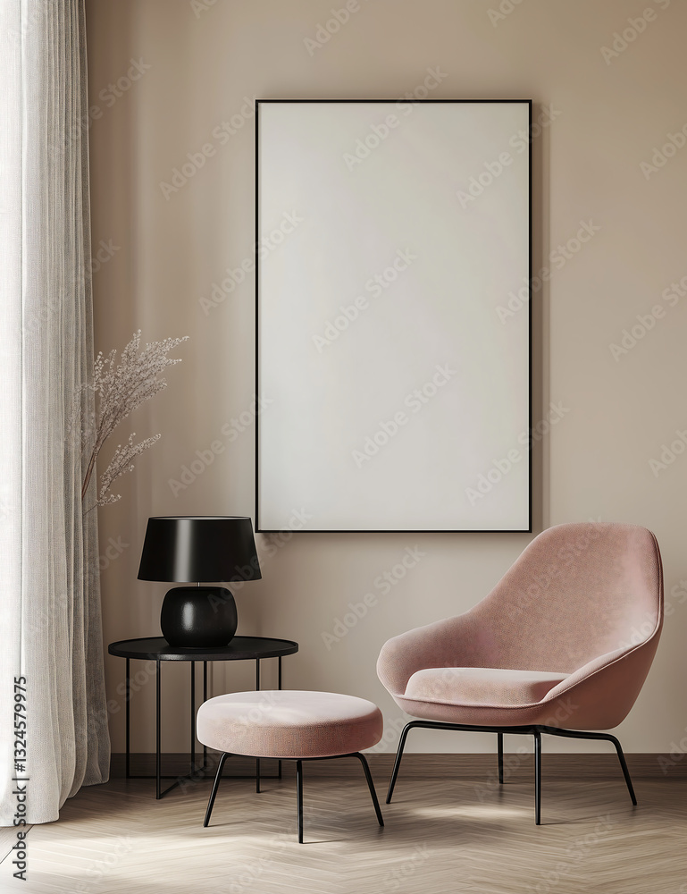 Fototapeta premium empty poster frame mockup is displayed on a beige wall in a stylish lounge space featuring soft pink chairs, a black side table, and minimalist decor with warm lighting.