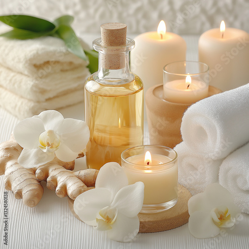 calming spa setup with candles and essential oil
