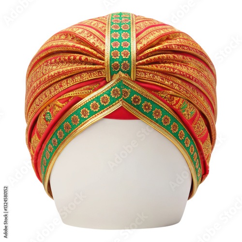Traditional turban headwear with intricate patterns and vibrant colors