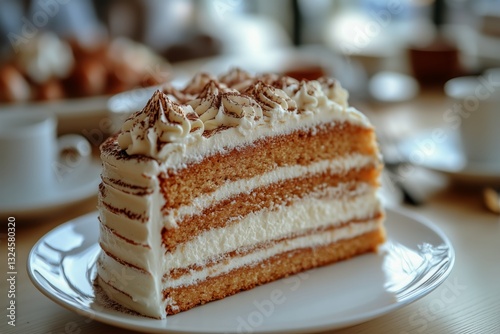 Delicious Layer Cake With Whipped Cream and Chocolate Topping Served on Plate