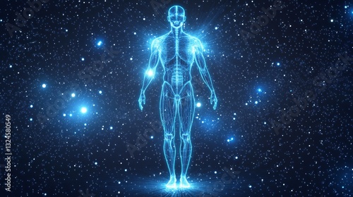 3D render of a human body anatomy hologram with neon light