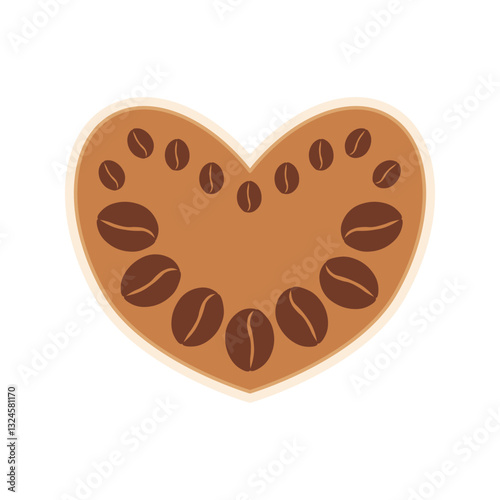 Sticker for coffee lovers. Heart of coffee beans. Vector illustration. Decorative element for cafeteria, shop, barista, kitchen.