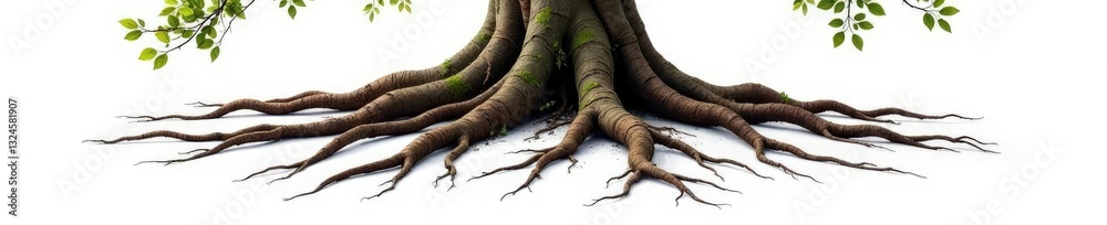 Fototapeta premium Twisted tree roots spread on a white background, foliage, twigs, rustic