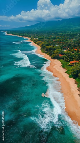 Stunning Aerial View of Serene Beach and Turquoise Ocean at Midday in Tropica...
